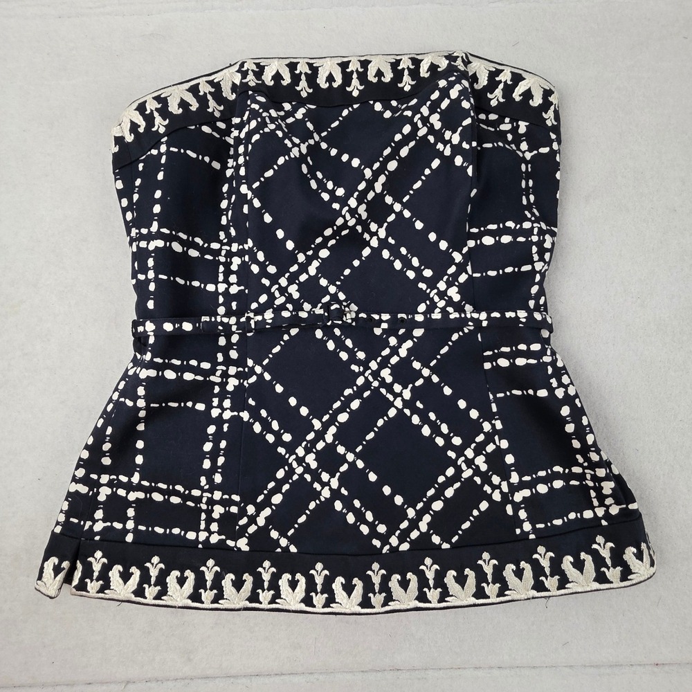 White House Black Market Black White Grid Strapless Peplum Top Size 2 Embroidery